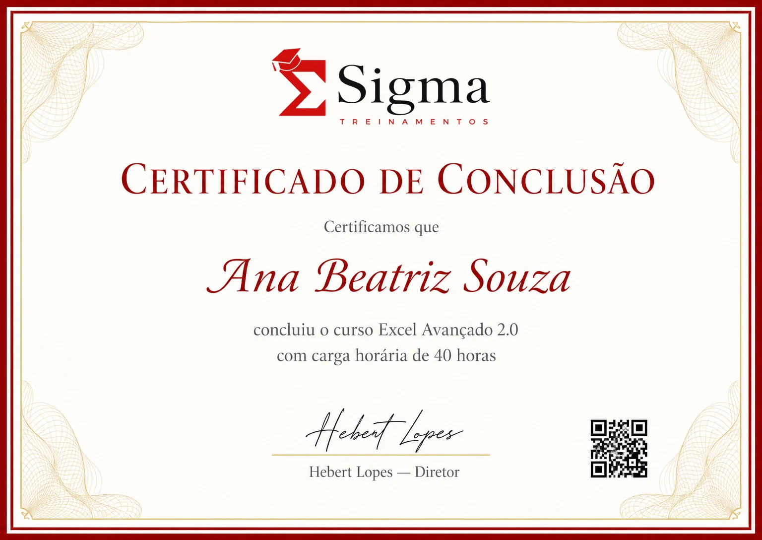 Modelo do certificado de conclusão da Sigma Treinamentos