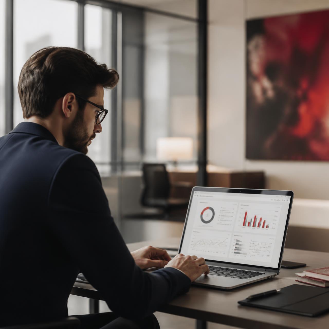Profissional analisando dashboards de dados em ambiente corporativo